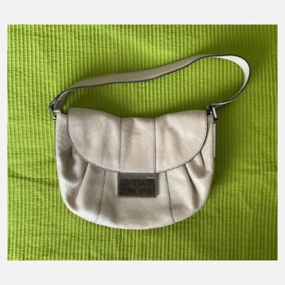 Calvin Klein Vintage Hobo Shoulder Bag with Carved Wood Flap Closure